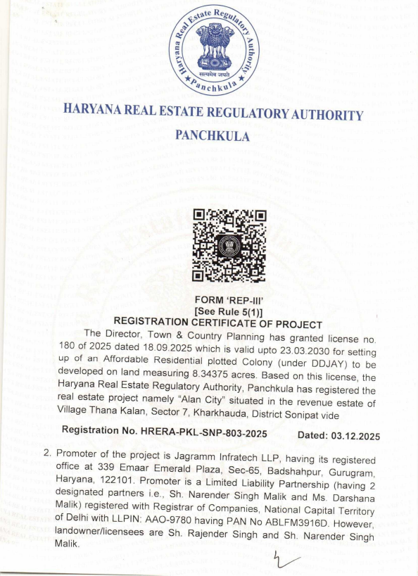 RERA Certificate for Deen Dayal Affordable Plots at Alan City